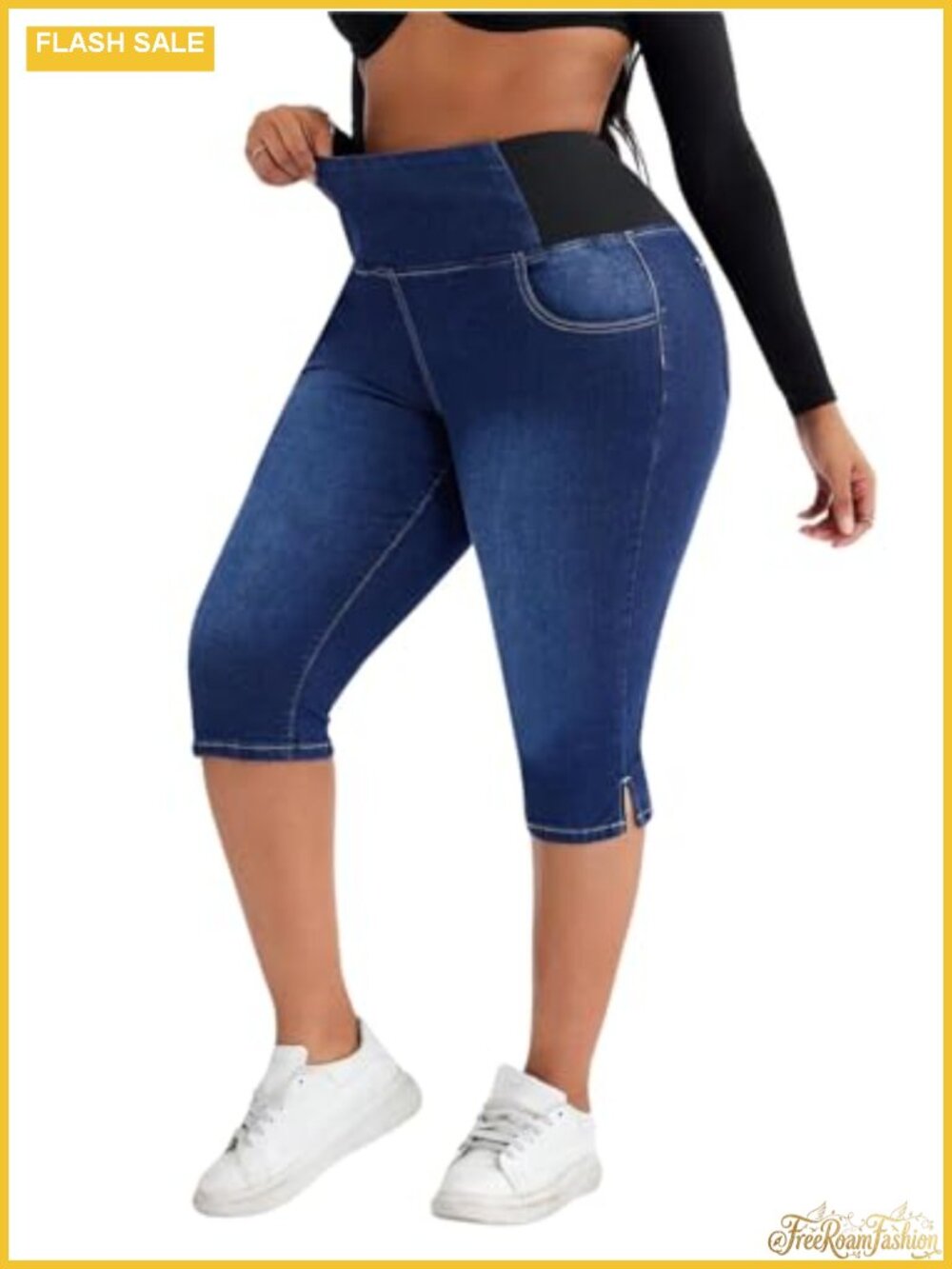 Plus Size High Waisted Capri Jeans with Pockets Stretch Skinny Denim